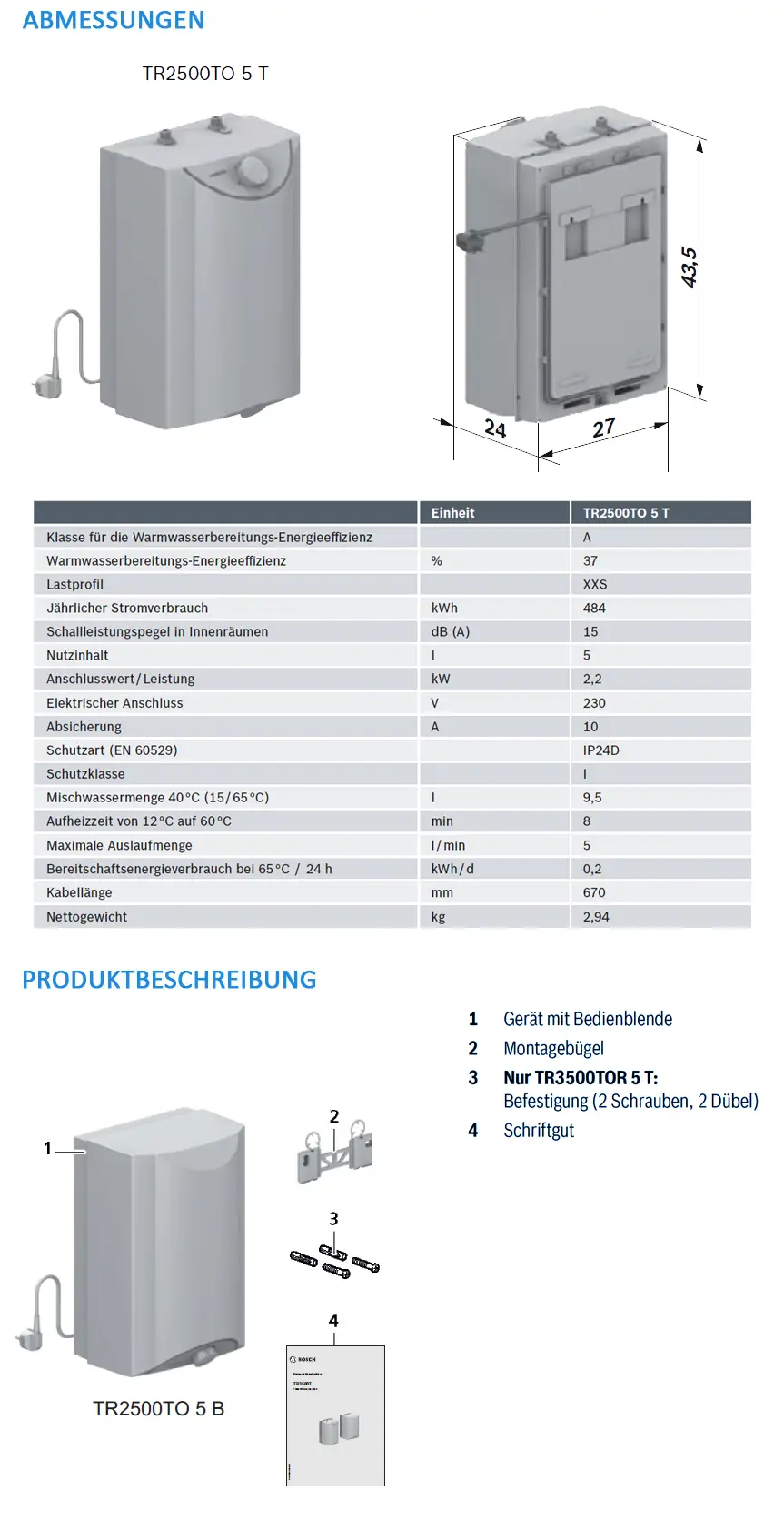 Wandmontierter Wassererhitzer von Bosch mit Bedienblende, Anschlussmöglichkeiten und Montagezubehör. Technische Daten wie Energieeffizienz und Verbrauch vorhanden.